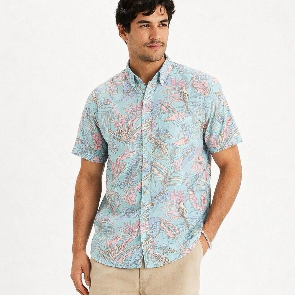 American Eagle Tropical Button Up Shirt Men's Medium Blue Pink Floral Aloha